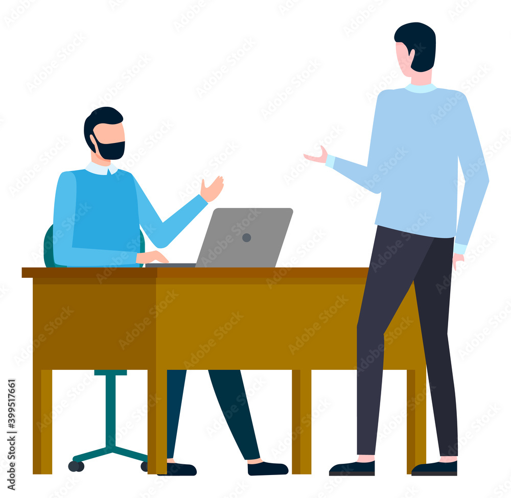 Two men talking in office sitting at desk with laptop. Male colleagues communication, discussion. International business concept vector illustration Two men talking in office sitting at desk with laptop. Male colleagues communication, discussion. International business concept vector illustration