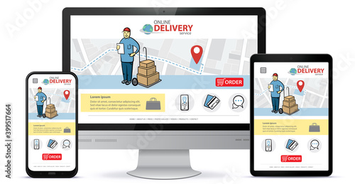 Responsive design template for online shopping app and mobile website. Online delivery service vector UI on Smart Phone, Tablet PC and Computer Monitor 