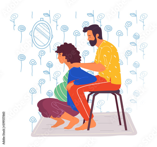 Birth position for pregnant woman, husband help wife to relax, making massage of shoulders, comfortable posture for birthing, man support mother during birth pains, squatted female lean at male knees