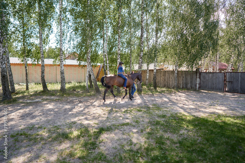 A woman rides a horse among the birches at the ranch.