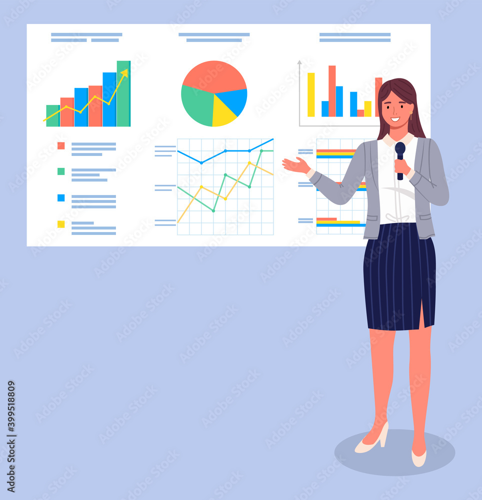 Large stand with bar charts, pie charts, area chart, statistical and analytical data. Girl in business suit and with microphone gives presentation or training, pointing to the information stand Large stand with bar charts, pie charts, area chart, statistical and analytical data. Girl in business suit and with microphone gives presentation or training, pointing to the information stand