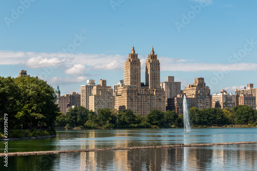 Buildings on the edge of the central park lake. New York.