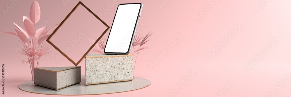 Fototapeta premium 3D rendering of The Smartphone white screen on Triangle marble Pedestal, Mobile phone mockup tilted to the ground. Pedestal can be used for commercial advertising, Isolated on Minimal pink background.