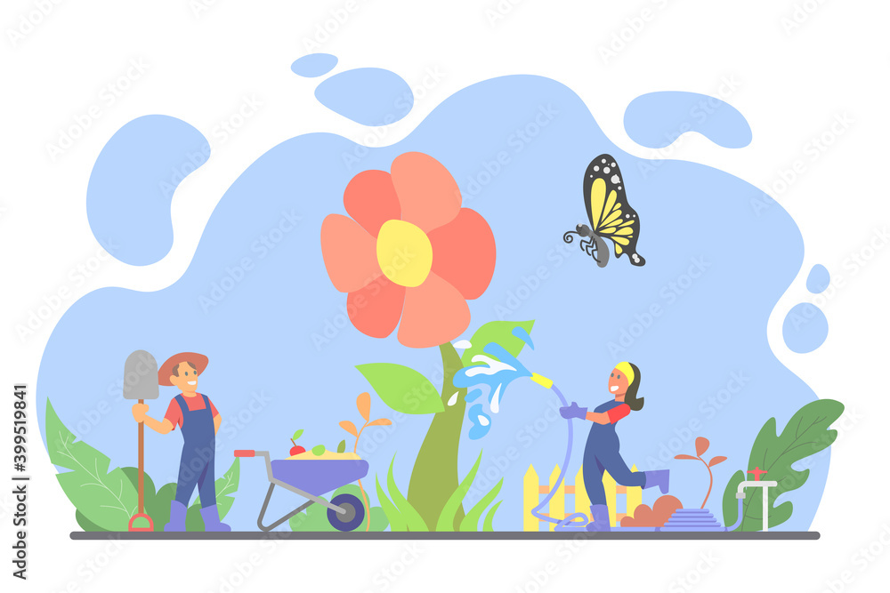 Gardening concept, tiny people illustration. People planting and showering the flower.
