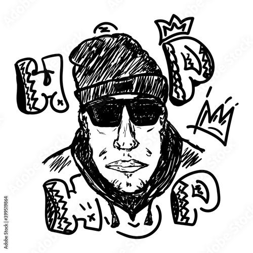 Sketch of the rapper's portrait drawn by hand. Music print. Vector illustration.