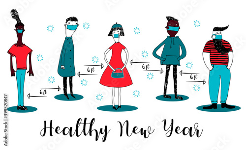 COVID-19 and social distancing infographic with doodle Christmas cartoon characters. Diverse people with surgical mask in doodle style. Corona virus protection. Vector