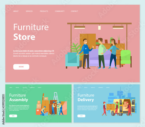 Furniture store vector  shop with sofa and drawers  home decor and cupboards. Delivery and assembly of bought items from seller transportation. Website or webpage template  landing page flat style