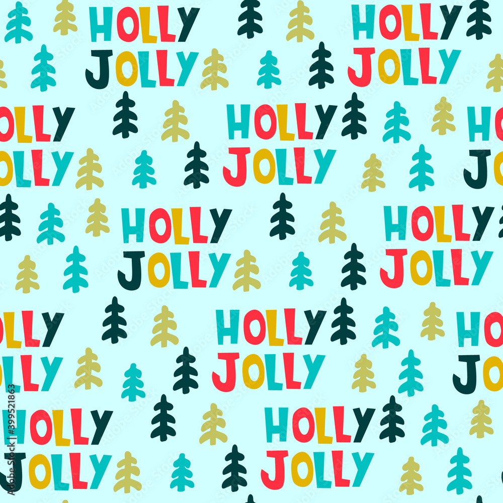 Fototapeta premium Christmas seamless pattern. Hand drawn fir trees, Holly Jolly lettering on coral background. Christmas holidays concept. For gift wrapping paper and other design projects