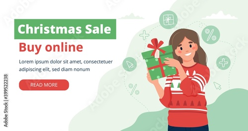 Christmas sale. Banner template with woman holding a gift. Vector illustration in flat style