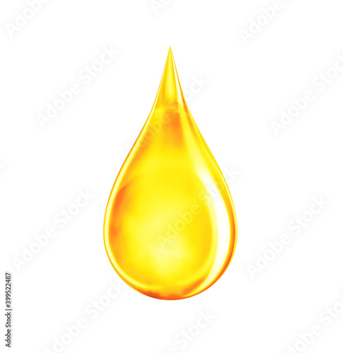 Drop of oil in yellow color. Icon of gold liquid drop like oil, gasoline or vitamins from droplet. Orange drip isolated on white. 3d rendering