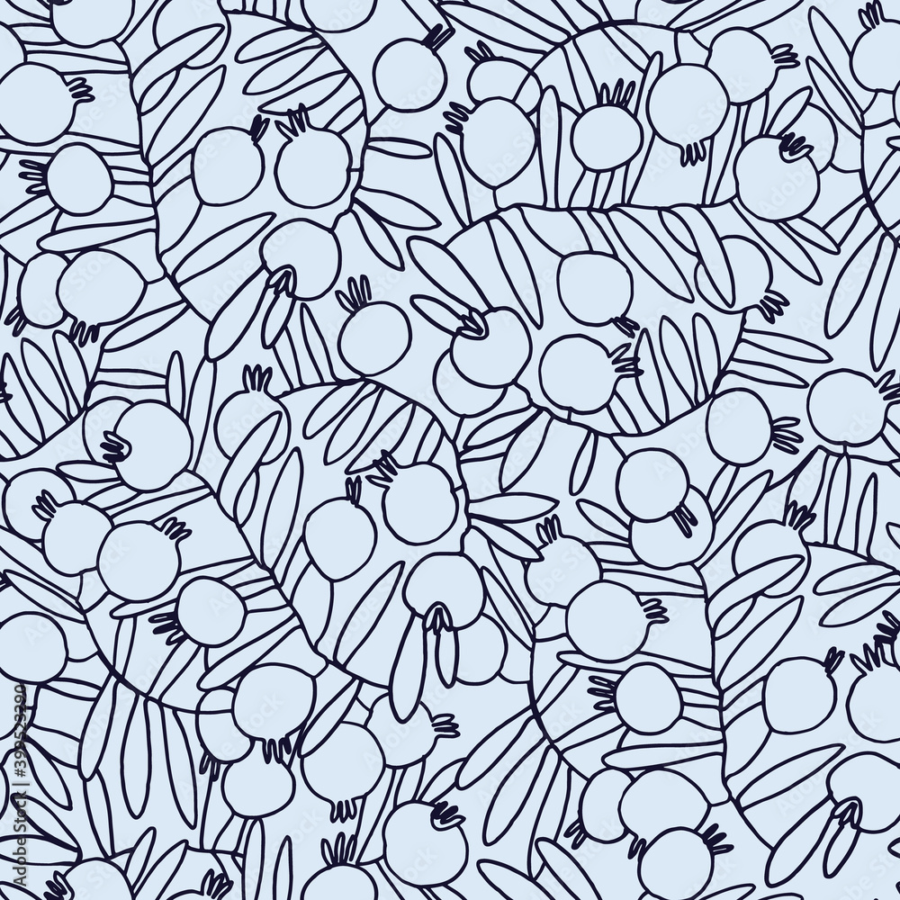 Fototapeta premium Seamless pattern. Pomegranate tree branches with fruit. Outlined vector illustration on light blue background for surface design and other design projects