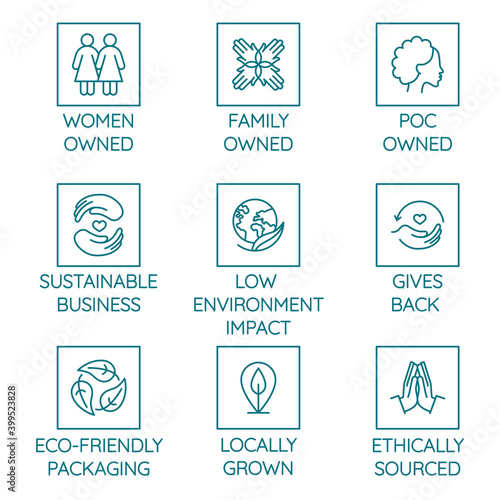 Vector set of design elements, logo design templates, icons and badges for sustainably made products in trendy linear style - family or women owned business with low environmental impact