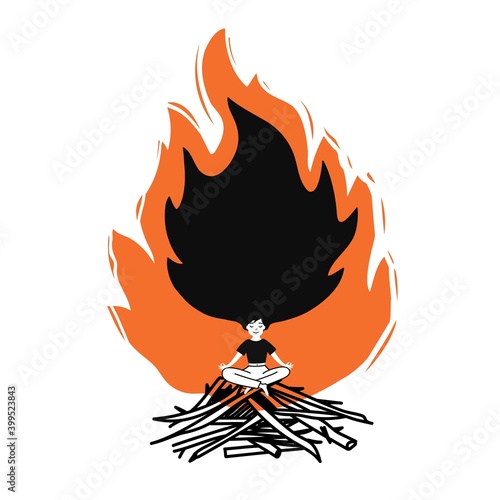 Vector illustration with campfire and long hair meditating woman. Trendy print design about calmness and relax in stressful situation