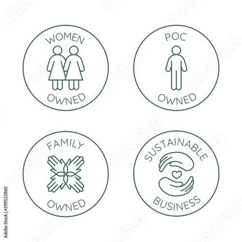 Vector set of design elements, logo design templates, icons and badges for sustainably made products in trendy linear style - family or women owned business with low environmental impact