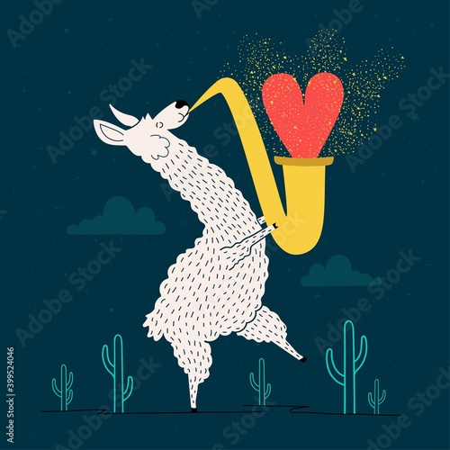Vector illustration with dancing llama playing saxophone in desert with cactuses. Trendy music print design with animal