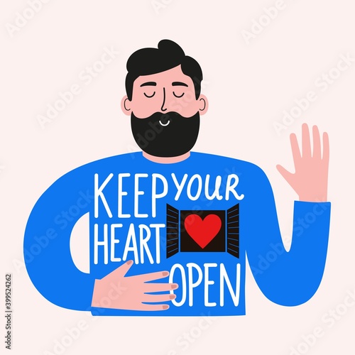 Vector illustration with bearded man and lettering phrase. Keep your heart open. Colored typography poster, inspiring print design