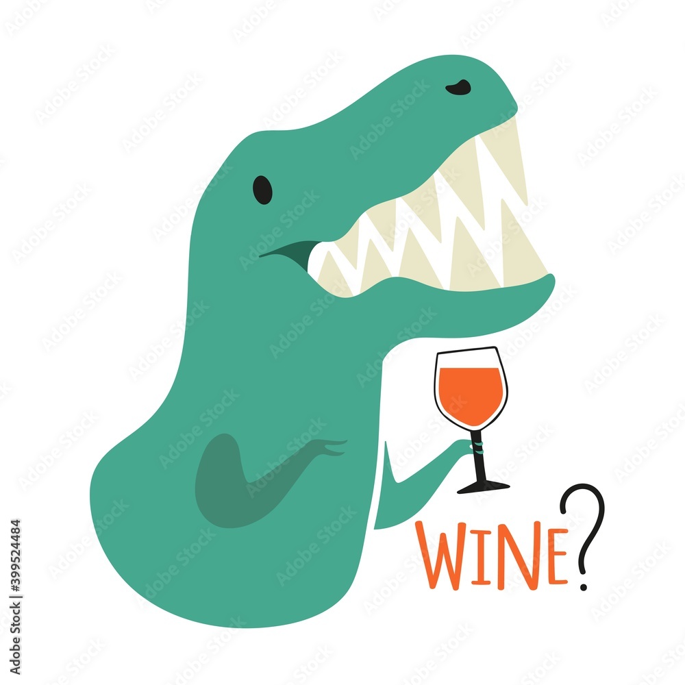 Vector illustration with tyrannosaurus dinosaur holding glass of red