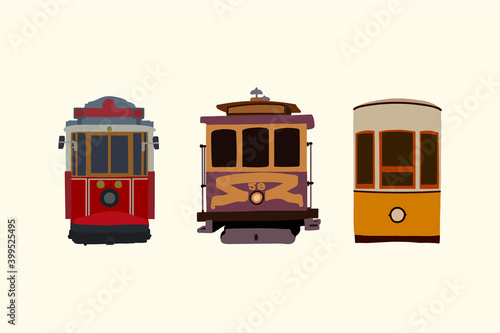 Set of retro tram. Vintage car detailed urban transport. Electric vehicles in the city. Transport collection, perfect for a travel card or leaflet design. Perfect for transport infographics, travel