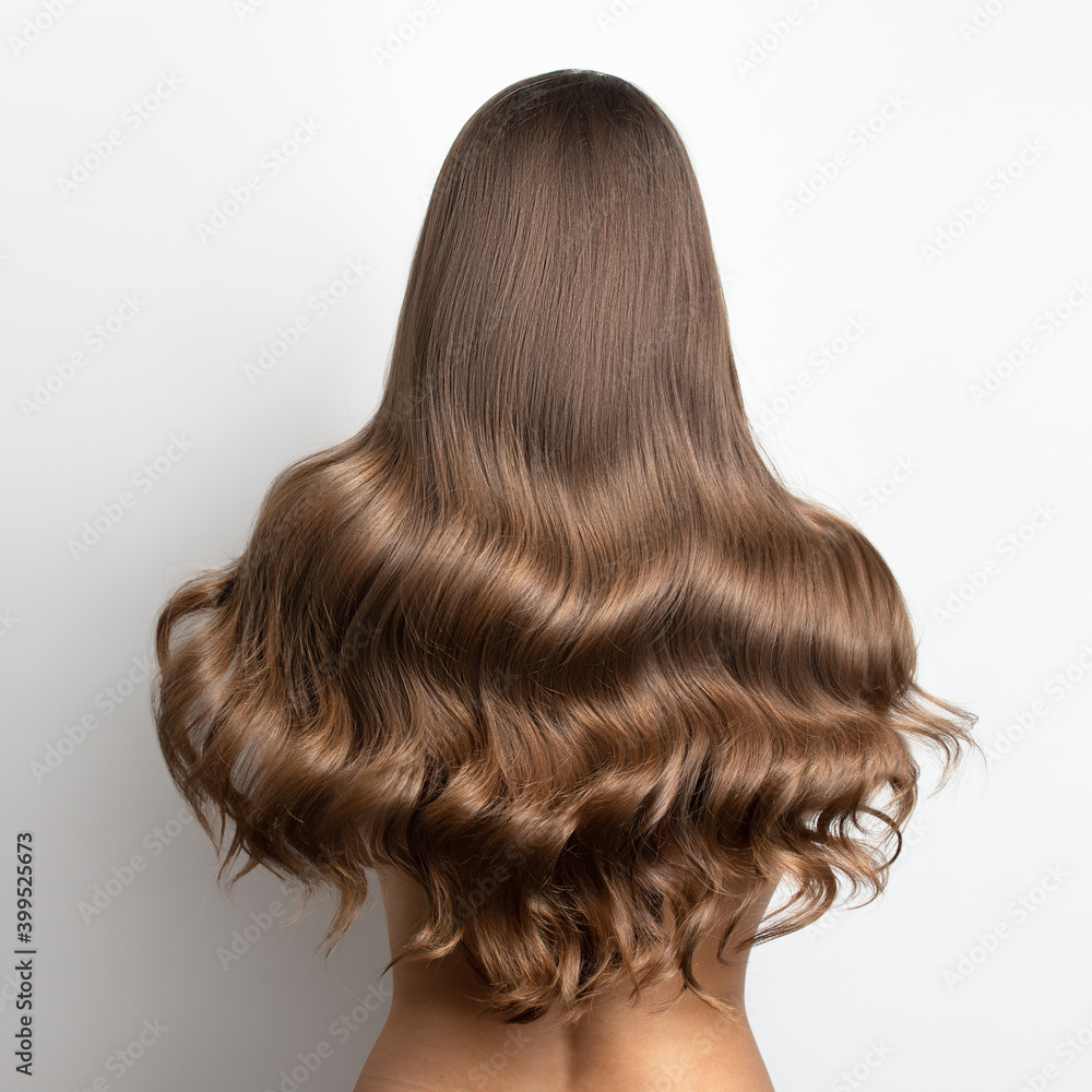 Naklejka premium wavy blonde brown hair back view. Grey background
