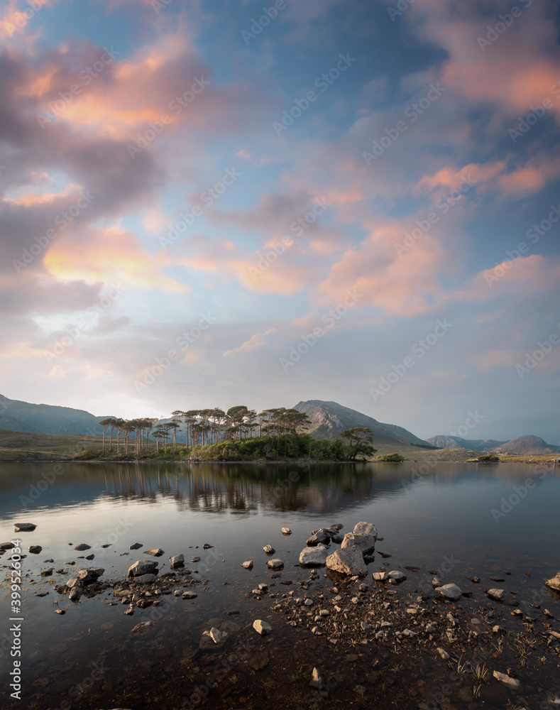 view of the island of twelve pins in lake derryclare. Galway. Ireland. vertical composition