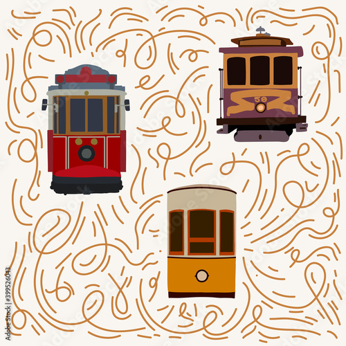 Retro tram poster. Old American, Turkish, European. Tramcar city transport for city trips. Electric cars Streetcar in the States postcard in the city for traveling the streets. Transport poster for