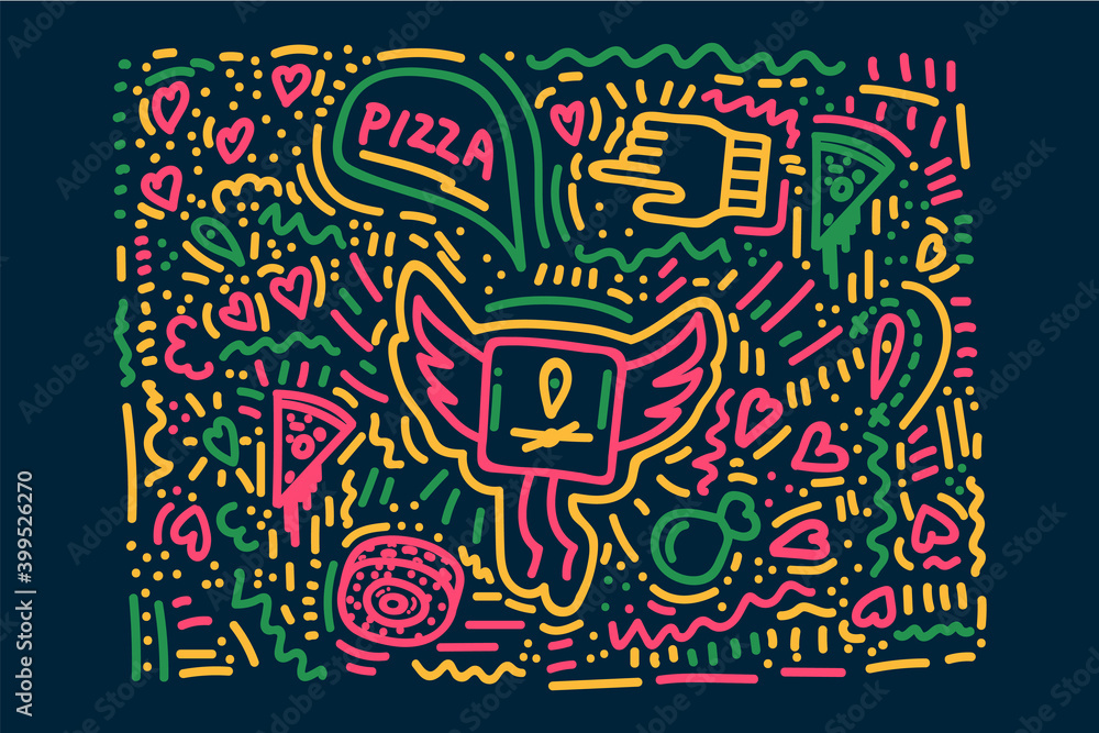 Doodle-style food delivery. Vector background concept of food delivery to your home or office. Beautiful bright background of transport and man with food. Vector illustration