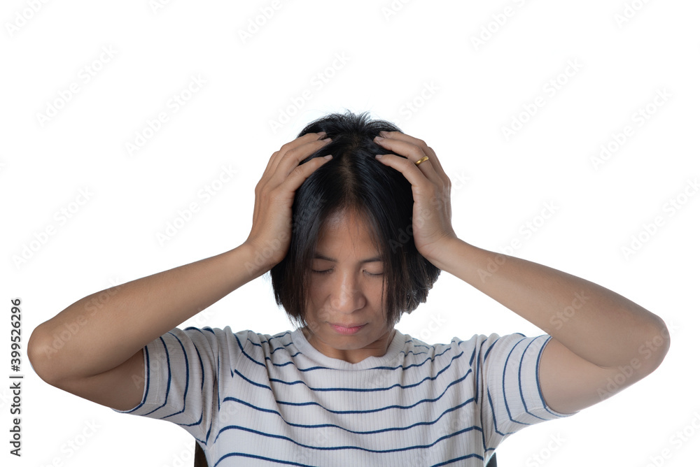 Asian woman showing headache, dizzy head, on a white background. Asian woman showing headache, dizzy head, on a white background.