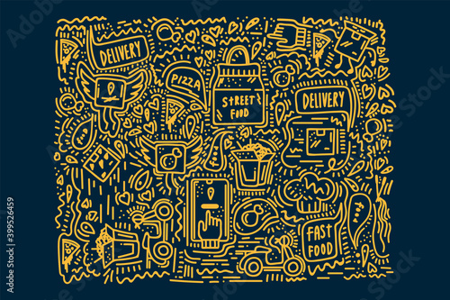 home delivery poster. Vector illustration with phone, takeaway food, delivery boxes and home. Cute linear delivery icon background. The concept of delivering food to your home or office in the style