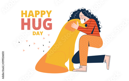 Happy Hug day greeting card. Cute young woman embrace her dog. Friendship between human and pet. Love with animal. Positive emotion Flat vector cartoon illustration isolated on white background