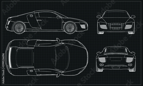Sport Car Line Drawing Vector Blueprint in Black