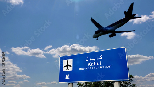 Plane landing in Kabul Afghanistan airport with signboard photo