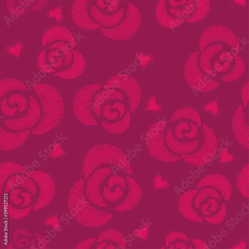 Rose and hearts. Valentines Day. Embroidery flower, hearts. Seamless patter
