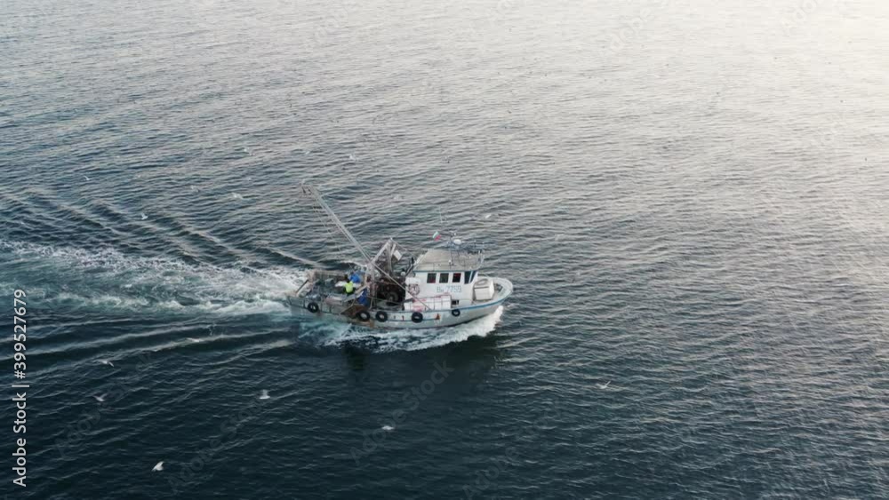 Fishing Boat with Large Catch Fish Swirling Flock Gulls Aerial View Drone. Small Ship Floats on Sea Surface Blue Sky Leaving a Path of Sea Foam Water. Seagulls. Beautiful Sea Panorama On Sunset Winter Fishing Boat with Large Catch Fish Swirling Flock Gulls Aerial View Drone. Small Ship Floats on Sea Surface Blue Sky Leaving a Path of Sea Foam Water. Seagulls. Beautiful Sea Panorama On Sunset Winter