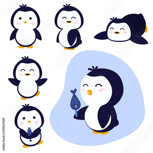 Set of cute penguins. Cartoon children illustration with nice and funny penguin in different position. Vector.
