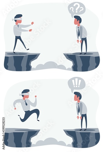 Man walk to the cliff. Blindfolded businessman run to the cliff. Business concept. Vector flat design illustration set.