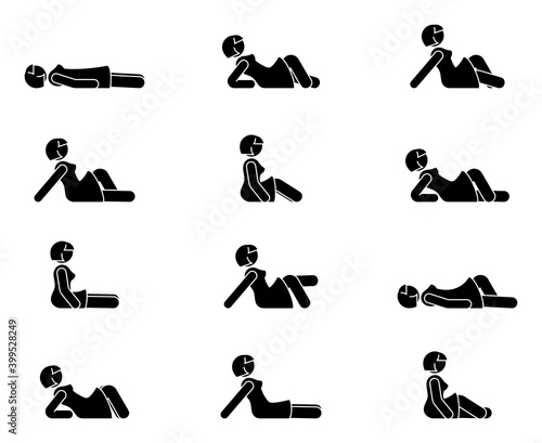Stick figure female lie down various positions vector illustration icon set. Woman person sleeping, laying, sitting on floor, ground side view silhouette pictogram on white