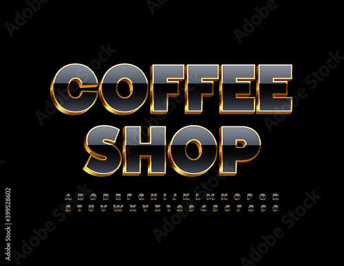 Vector stylish logo Coffee Shop. 3D Black and Gold Font. Shiny elite Alphabet Letters and Numbers set