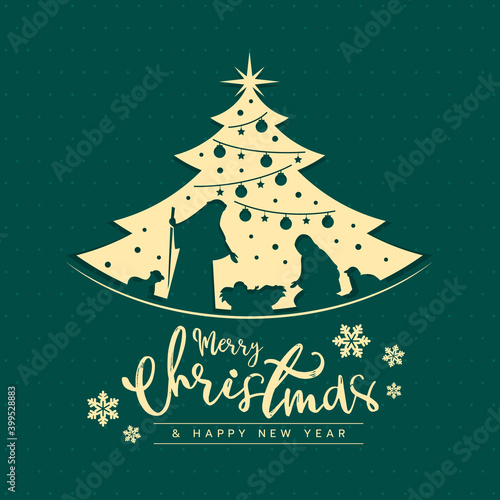 Merry Christmas and happy new year banner card with mary and joseph in a manger with baby Jesus in gold christmas tree sign on dot green texture background vector design