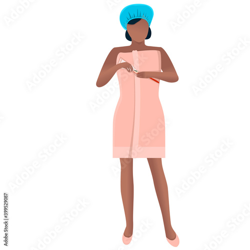A dark-skinned woman prepares to brush her teeth after a morning or evening shower. The concept of a healthy lifestyle and taking care of your body. Graphic vector drawing of a girl in a towel.