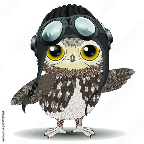 Young owl, cute eagle-owl chick playing a pilot, preparing for the first flight, wearing a helmet, headphones and aviator goggles, balancing, with forest reflection in sunglasses