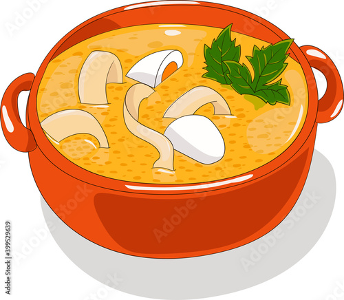 Chicken soup with noodles in a bowl isolated on white background. Hand drawn vector illustration.