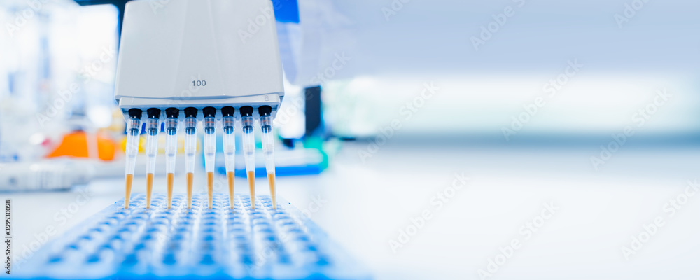 Medical and scientific banner with free space. 8-channel pipette and 96-well test plate. Genetic laboratory research technician. medical research laboratory. purification of DNA samples.