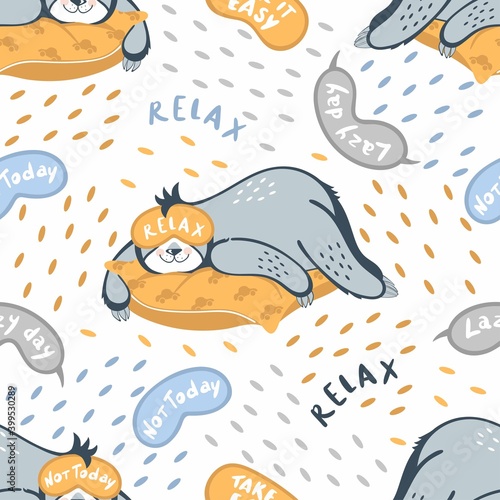 Vector seamless pattern sleeping bears sloths. Sloth bears on pillows wearing sleep masks. Design for printing on textiles, children's clothing, paper, wallpaper, packaging.