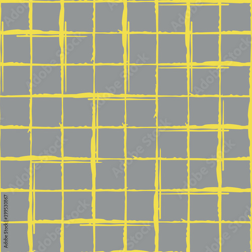 Grunge line vector seamless grid pattern background. Organic irregular lines.Painterly ink brush stroke style weave backdrop. Criss cross burlap effect geometric design.Yellow grey all over print