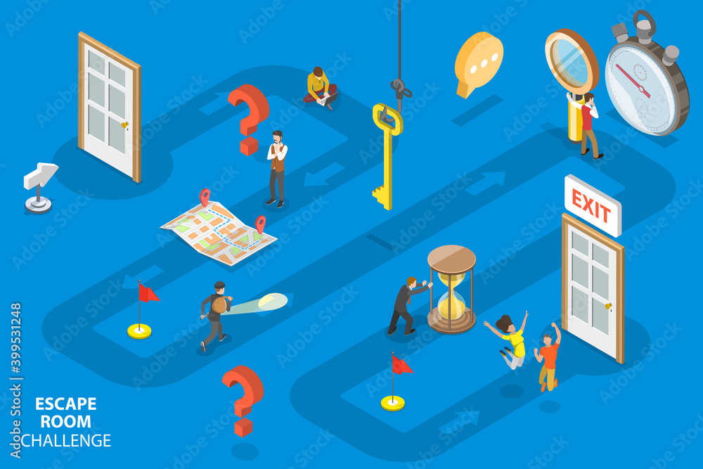 Naklejka premium 3D Isometric Flat Vector Conceptual Illustration of Escape Room Challenge, People with Flashlight, Map, Magnifying Glass are Searching the Exit.