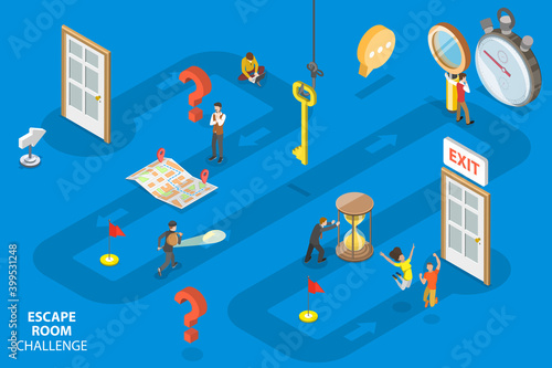 3D Isometric Flat Vector Conceptual Illustration of Escape Room Challenge, People with Flashlight, Map, Magnifying Glass are Searching the Exit.