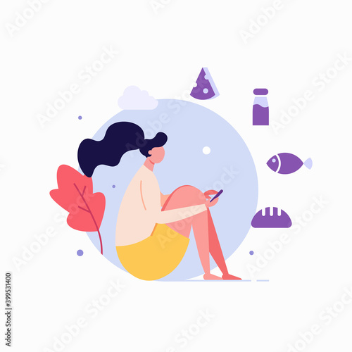 Woman Sitting with Phone Choosing and Buying Food Products in Mobile App. Online Grocery Store. Concept of Online Grocery Shopping, Food Order, Online Supermarket. Vector illustration for Web Design