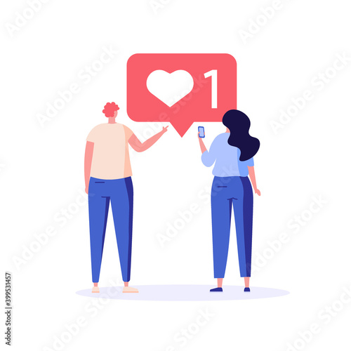 Man and woman stands and likes. Concept of like time, online meeting, online dating, virtual relationship, evaluation, social network. Vector illustration in flat design