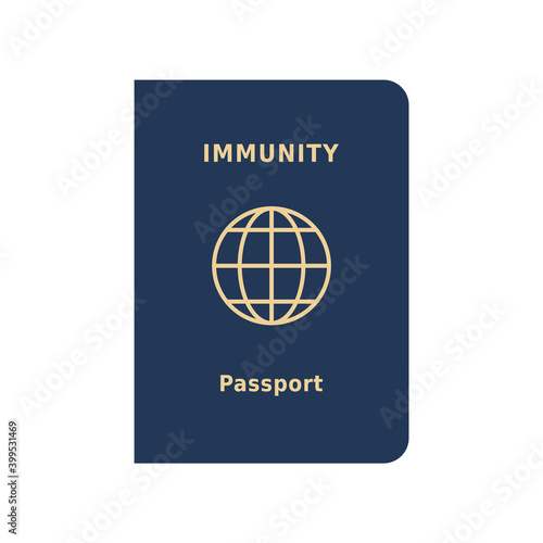 Immunity passport icon. Travel document as a proof that a person is immune to a disease. Risk free certificate for COVID 19. Blue passport on white background. Vector illustration, flat, clip art