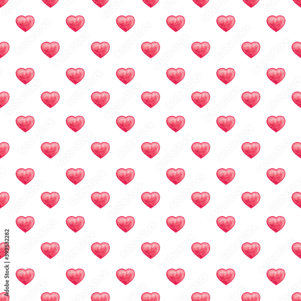 Watercolor hand painted Red Hearts Seamless Pattern. Holiday Texture, Abstract Background for Valentine's Day, Birthday, Mother's Day, Love design, wrapping paper, textile, greeting card, invitations